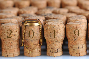 Closeup of Champagne Corks with 2019