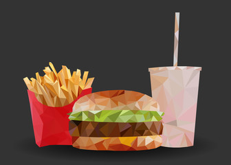 Fast Food on Dark backgorund Hamburger, French fries and Drink,  triangulation, Realistic Vector EPS 10