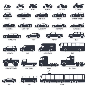 Car, motorcycle and public transport type icons set. Title models moto, automobile