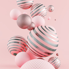 Flying pink and golden spheres. 3d illustration.