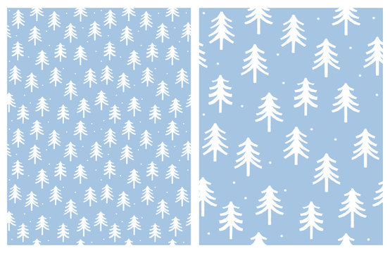 Cute Infantile Style White Christmas Trees Vector Pattern. White and Blue Simple Design. Blue Background. Winter Forest Illustration.