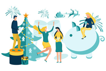 Merry Christmas and Happy New Year. People preparing for and celebrating winter holidays. Vector illustration