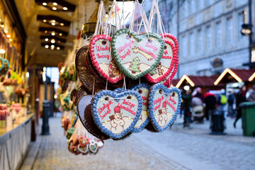 Gingerbread Hearts at Polish Christmas Market. Wroclaw xmas market in Poland.On traditional ginger...