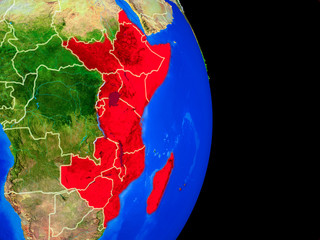 East Africa on realistic model of planet Earth with country borders and very detailed planet surface.