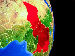 Central Africa on realistic model of planet Earth with country borders and very detailed planet surface.