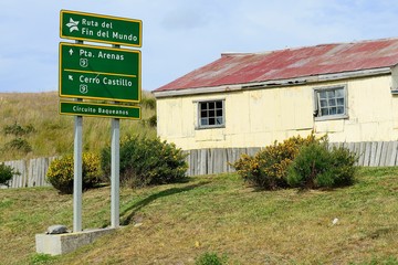 Sign, End of the World Road Sign, Puerto Natales, Ultima Esperanza Province, Patagonia, Chile, South America