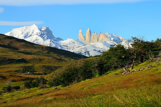 Torres del Paine massif in the morning light, Torres del Paine National Park, Ultima Esperanza Province, Chile, South America