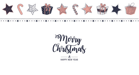 Modern greeting card Merry Christmas white background. Vector illustration with Christmas stars, gifts and Candy Cane. In the colors rose gold, white and navy blue.