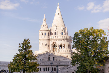 Fototapeta na wymiar A fairy tale view of the Fisherman's Bastion in autumn time. A popular attraction in Budapest, Hungary. Fisherman's Bastion in Budapest