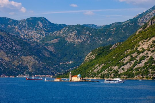 Island Mary of the Rock, Gospa od ?krpjela, behind Risan, Bay of Kotor, Montenegro, Europe