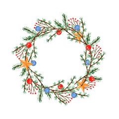 Cute watercolor Christmas wreath with twigs, branches, balls and stars. Bright round garland...