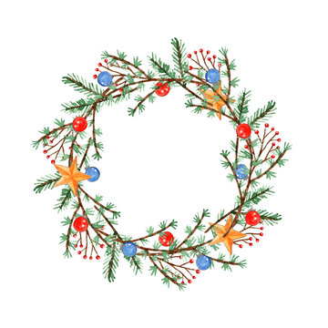 Cute watercolor Christmas wreath with twigs, branches, balls and stars. Bright round garland illustration isolated on white background for New Year decoration, greeting cards design