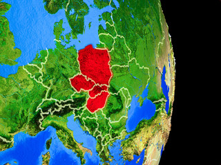 Visegrad Group on realistic model of planet Earth with country borders and very detailed planet surface.