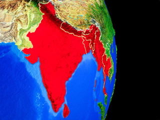 BIMSTEC memeber states on realistic model of planet Earth with country borders and very detailed planet surface.