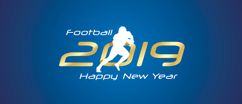 American football silhouette 2019 Happy New Year gold white logo icon blue background