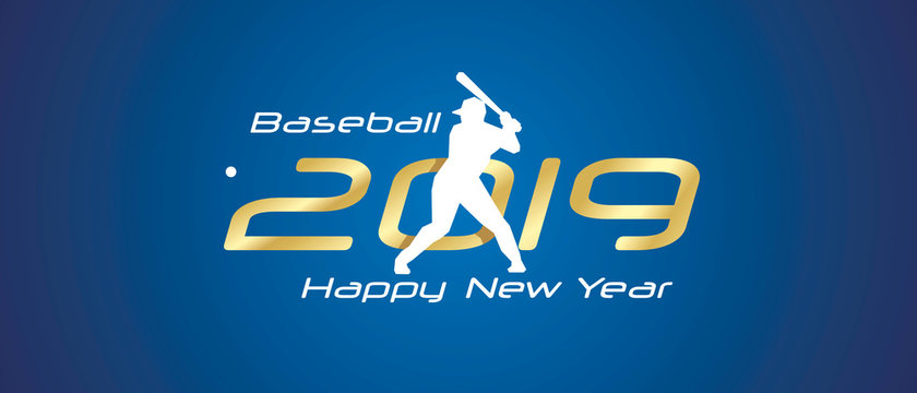 Baseball silhouette 2019 Happy New Year gold white logo icon blue background