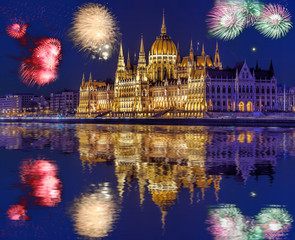 Parliament in Budapest with firework, celebration of the New Year, Hungary