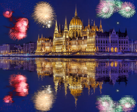 Parliament In Budapest With Firework, Celebration Of The New Year, Hungary