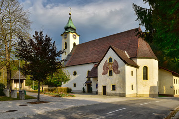 Old catholic church on a sunny autumn day. Altenmarkt bei Sankt Gallen, state of Styria, Austria.