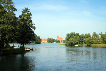 Fototapeta na wymiar Scenic view of Trakai Castle and lakes by early autumn, Lithuania