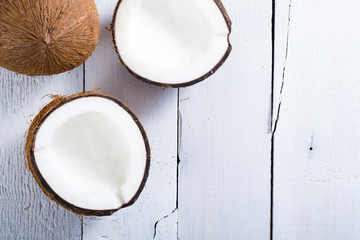 coconuts on white wood table background