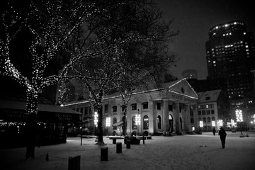 Boston, Massachusett - January 16, 2012: Night of snowfall in the city, streets covered with snow and ice.