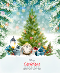 Holiday background with a Christmas tree and presents. Vector