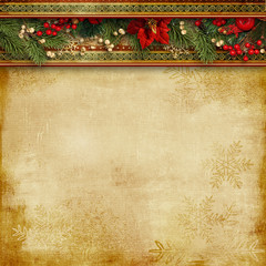 Christmas superb background with holly, poinsettia and firtree