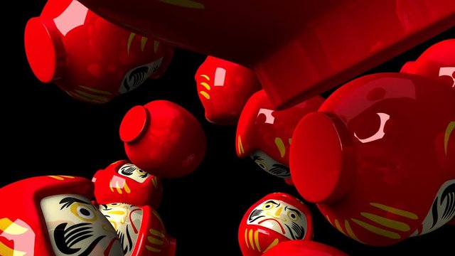 Red daruma dolls on black background.3DCG render animation.