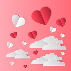 heart love illustration flying on the sky and cloud created by paper art style vector design