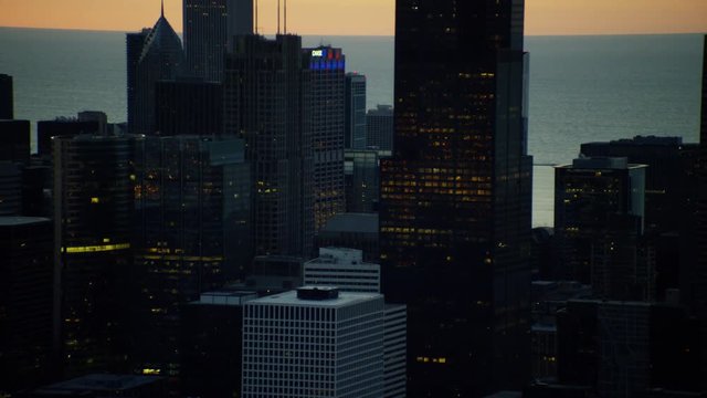 Aerial sunrise silhouette of Chicago city skyscrapers