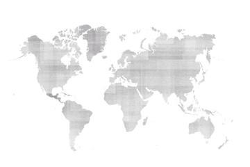 grey paper world map isolated on white background