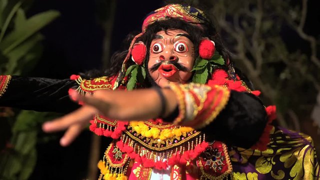 Balinese Asian magical clown mask figure used in ancient culture performance spectacle outdoor Indonesia South East Asia