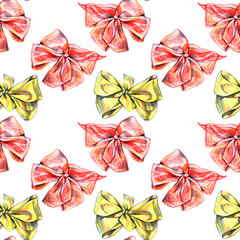 Seamless pattern with red and yellow bows. Hand draw color pencil illustration.
