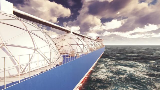 LNG Tanker Floating In The Ocean At Sunrise. Realistic Cinematic 3D Background Animation