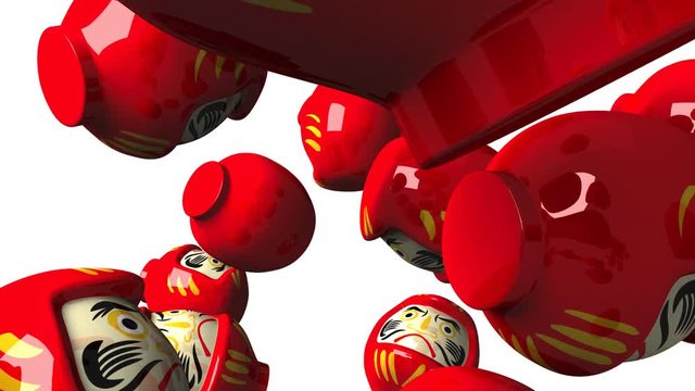 Red daruma dolls on white background.3DCG render animation.