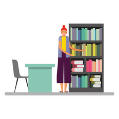 woman with bookshelf desk and chair
