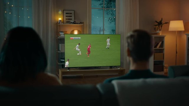 Couple Watches Evening News on TV while Sitting on a Couch at Home in the Evening. People in Love Spend Time Together. Back View Shot.