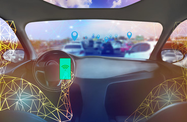 Internal view, Display screen and automatic self driving .Electric smart car technology .