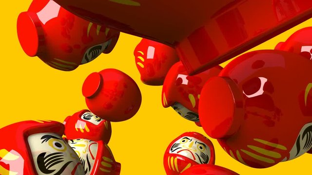 Red daruma dolls on yellow background.3DCG render animation.