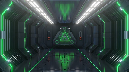 Empty light green studio room futuristic Sci Fi big hall room with lights blue, Future background for design,Walk on the spaceship,3d rendering