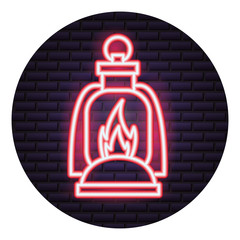 burning lantern neon brick wall