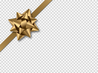 Golden bow with ribbon isolated on transparent background. Realistic design element for cards, invitations, posters and banners. Vector illustration