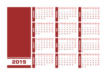 Red 2019 French calendar. Vector illustration with blank space for your contents. All elements sorted and grouped in layers for easy edition. Printable landscape version