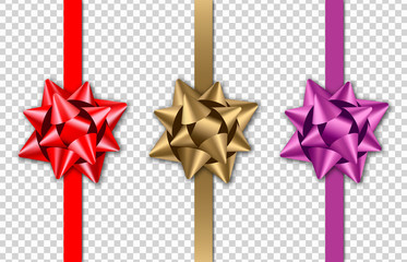 Decorative bows with ribbon isolated on transparent background. Set of realistic design element for cards, invitations, posters and banners. Vector illustration