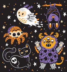 Fototapeta premium Creative vector set with cartoon monster and spooky animals. Vector illustration