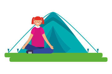 girl sitting crossed legs with tent camping