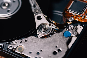 close up of the internals of a mechanical computer hard drive