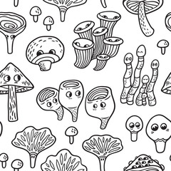 Seamless pattern with ink funny mushroom. Vegetables vector background