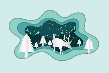Merry Christmas abstract paper cut illustration of snow and deer 5